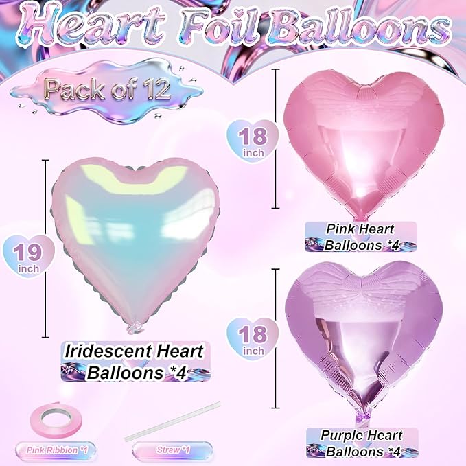 Pink Purple Iridescent Heart Balloons, 12 Pcs Light Pastel Pink Lavender and Transparent Crystal Heart Shape Foil Balloon for Princess Birthday Baby Shower Bachelorette Easter Mother’s Day Music Party