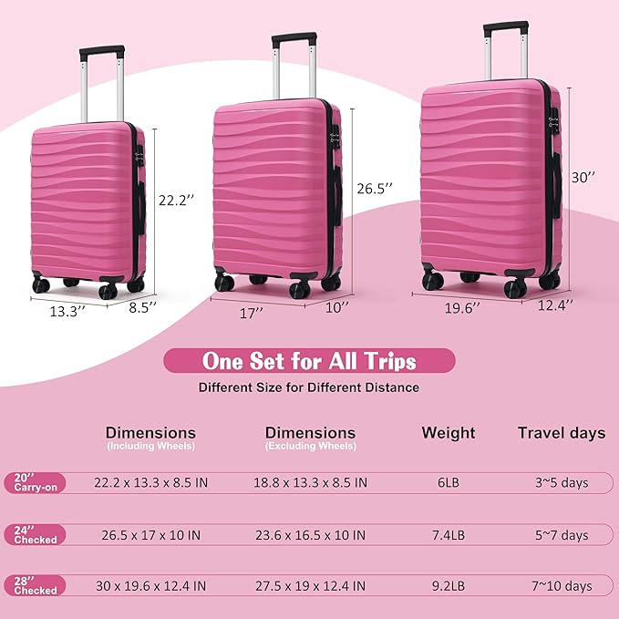 Hardside Luggage Sets, Lightweight Wave Suitcase with Spinner Wheels, PP Pink