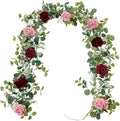 Anna's Whimsy 2PCS 5.91FT Artificial Eucalyptus Garland with Flowers, Fake Rose Gypsophila Garlands, Faux Floral Greenery Garland for Wedding Spring Home Party Table Runner Decor（Dusty Pink）