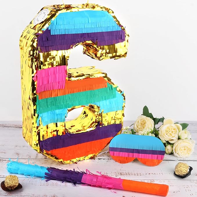Rainbow Number 6 Pinata for 6th Birthday Party Decorations Fiesta Centerpieces Kids Anniversary Celebrations Birthday Party Supplies (16.1 x 10.6 x 3 Inches)