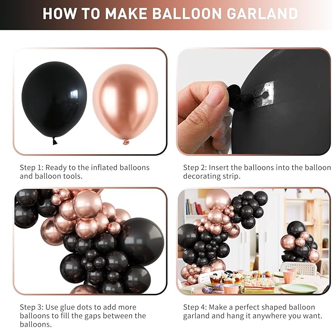 Rose Gold and Black Balloon Arch Kit, Metallic Rose Gold and Black Balloon Garland Kit with Different Sizes 18/12/10/5 inch Balloons for Graduation Birthday Wedding Anniversary Party Decorations