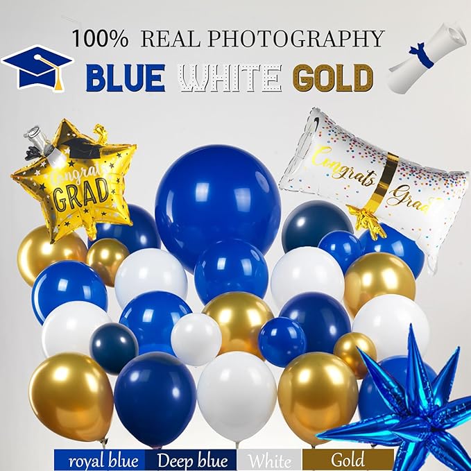 Blue and gold Graduation Decorations 2026 Set of 4 GRAD Balloon Boxes with Balloon Arch Garland Kit mylar balloons and shimmer Fringe Curtains So Proud of You 2026 prom Graduation Decorations