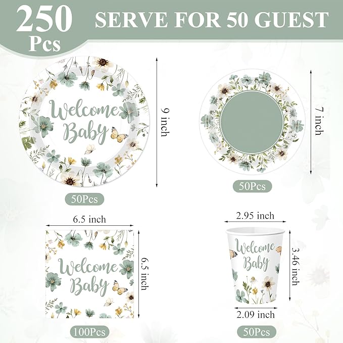 Pickmesh 250 Pcs Sage Green Floral Baby Shower Party Supplies Decorations Serve 50 Wildflower Welcome Baby Disposable Paper Plates Napkins and Cups for Birthday Babies Boy Shower Gender Reveal Party