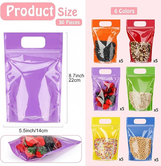 Sinload 30 Pcs Plastic Gift Bag Bulk 5.5 x 8.7 Inch Resealable Party Goodie Bag with Clear Window Color Favor Pouch with Handle for Home Birthday Wedding Party Candy Gift Wrap Supply(Clear)