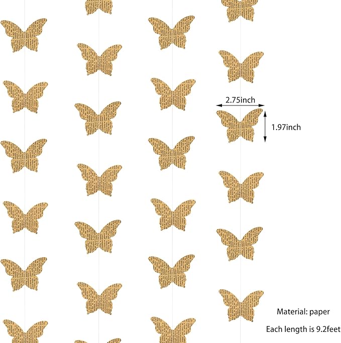 3D Paper Butterfly Garland Recycled Book Newspaper Hanging Garland Bunting Banner Party Decorations Wedding Baby Shower Home Decor 4 Pack (Brown)