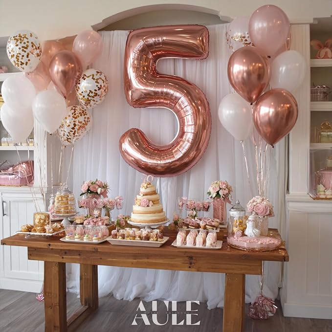 AULE 40 Inch Big Rose Gold 5 Balloon Number Large Foil Helium Number Balloons 0-9 Jumbo Giant Happy 5th Birthday Party Decorations for Boy or Girl Huge Mylar Anniversary Party Supplies