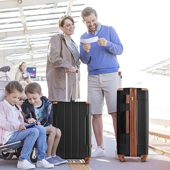 Merax Luggage Set 3 Piece Expandable Lightweight Spinner Suitcase with Corner Guards (Black brown, 20/24/28)