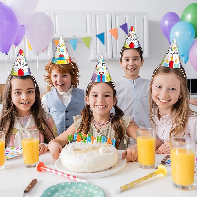 32Pcs Colorful Party Hats for Kids Happy Birthday Cone Paper Hats Classroom Celebration Supplies Favors