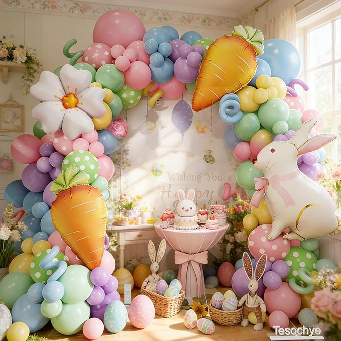 Easter Balloon Garlan Arch Kit with Bunny, Carrot, Daisy Foil Balloons,Pastel Balloon Garland Kit,Dot Printed Balloons for Easter Party Decorations Spring Birthday Decorations