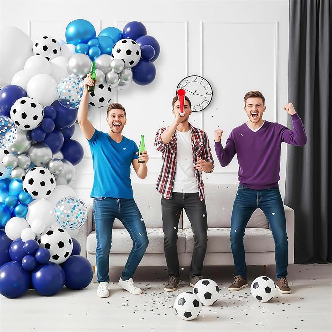Soccer Balloon Arch Garland Kit, Soccer Party Decorations Blue White Silver Balloons Garland with Soccer Print Balloons for Kids Boys Men Sports Theme Birthday Party Decorations