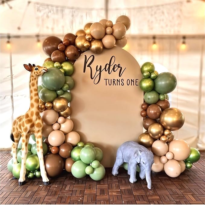 Sage Green Brown Safari Balloons, 60PCS Dusty Olive Green Coffee Beige Metallic Gold Eucalyptus Latex Balloon, Camo Army Hunting Balloons for Woodland Baby Shower Birthday Party Decorations Supplies