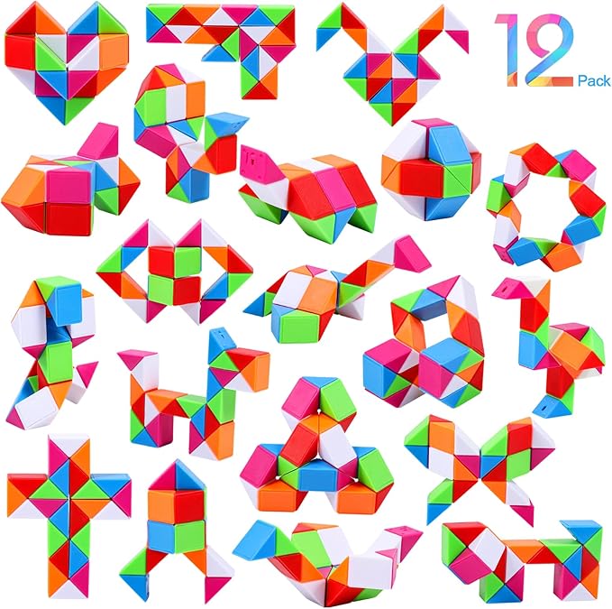 12 Pack Magic Snake Cube Fidget Toys for Kids - 24 Blocks Rainbow Twist Puzzle, Party Favors, Classroom Prizes, Birthday Goodie Bag Fillers, Stress Relief Sensory Toys