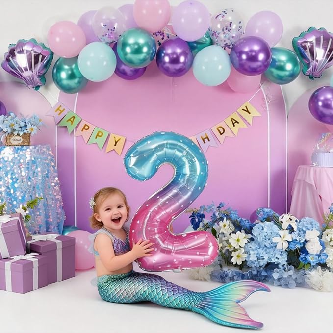2nd Mermaid Birthday Decorations for Girls,2nd Party Decorations Metallic Purple Green Pink Blue Latex Balloons Number 2 Seashell Foil Balloons Banner Cake Topper Sea Party Decor