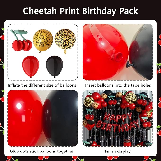 119Pcs Red Cheetah Print Birthday Decorations Balloons Kit, Black Red Cherry Leopard Print Balloons Birthday Foil Banner and Laser Fringe Curtain for Girls Women
