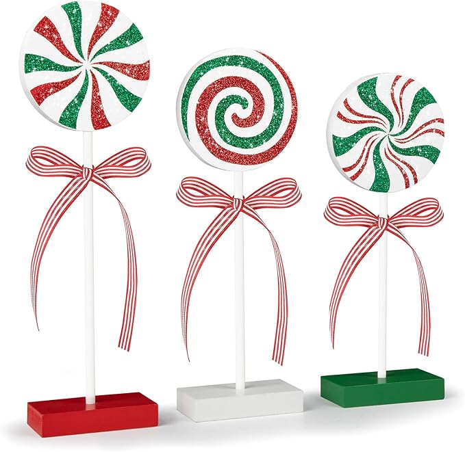 3 Pieces Christmas Table Decorations Wood Candy Set, Red and Green Christmas Tiered Tray Decor,Rustic Candy Table Decorations for Home Tables (Red and Green)