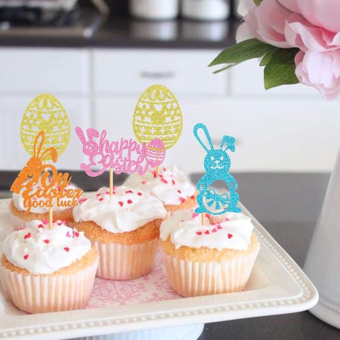 Ercadio 24Pcs Happy Easter Cupcake Toppers Glitter Bunny Easter Eggs On Easter Good Luck Cupcake Picks for Happy Easter Cupcake Decors Easter Baby Shower Birthday Wedding Party Supplies