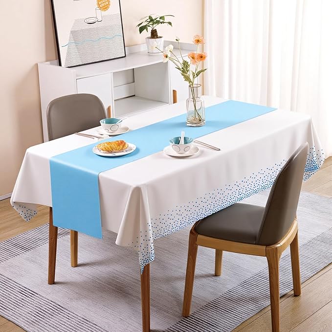 12 Pack Tablecloth and Table Runner Set Party Decorations, White and Blue Plastic Disposable Tablecloth and Satin Table Runner for Wedding Birthday Party (Blue)
