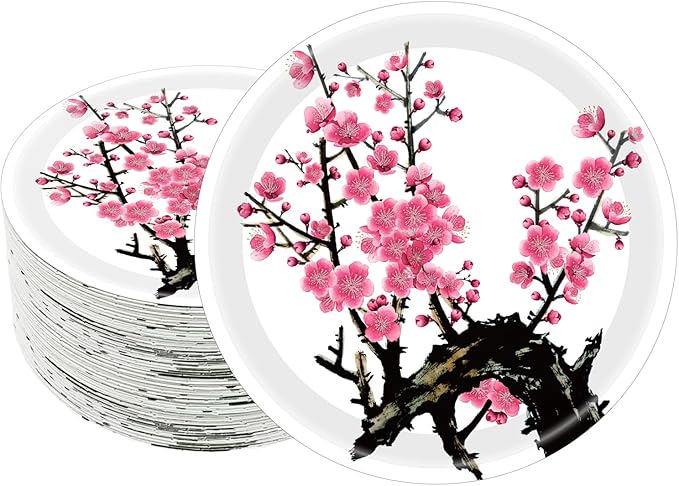50Pcs Chinese New Year Party Supplies Chinese Japanese Cherry Paper Plates 7"Cherry Blossom Dessert Plates Flowers Plates for Birthday Wedding Chinese New Year Spring Festival Decorations (White)