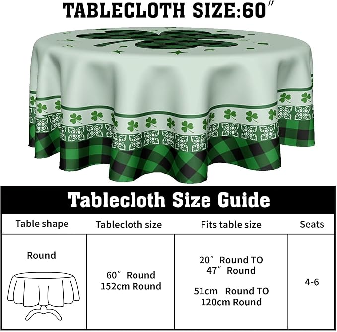 St Patricks Tablecloth Round 60 Inch Green Shamrock Tablecloth Buffalo Plaid Clover Table Cloth Farmhouse St Patrick's Day Tablecloth for Kitchen Holiday Picnic Party Dinner Room Outdoor Decor