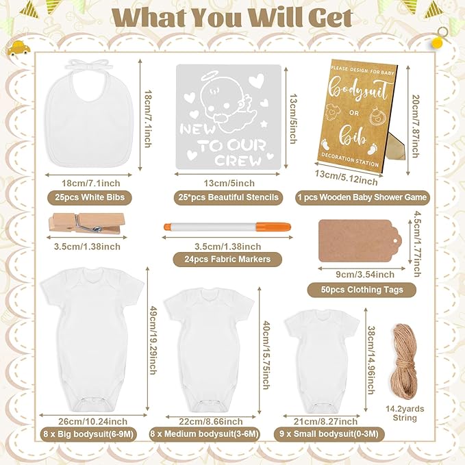 201 Pcs Baby Shower Set Baby Shower Game Sign Baby Bib Bodysuit White Baby Bib Newborn Bodysuit Baby Shower White Decorating Kit(Kraft)