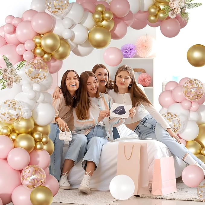 Pink and White Balloon Arch Kit, 138 Pcs Pink and Gold Balloon Garland Arch Kit Include Pastel Pink White Gold Confetti Balloons for Birthday Baby Shower Wedding Bridal Shower Party Decorations