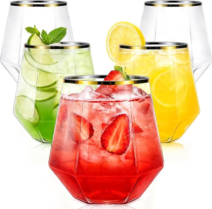 40 Pcak Plastic Stemless Wine cocktail Whiskey Champagne Glasses, 12 Oz Gold Rim Disposable Clear Unbreakable Cups for Party Bars Wedding Tasting (Diamond-shaped)