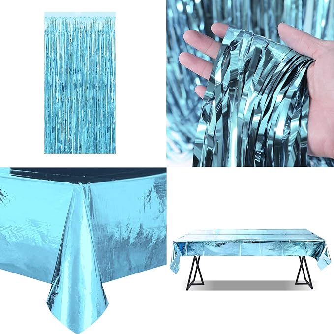 MOVINPE Blue Birthday Party Decoration, Happy Birthday Banner, Sky-Blue Fringe Curtain, Foil Tablecloth, Heart Star Foil Confetti Balloons, 10g Table Confetti for Girl Boy Kids Men Women Adults