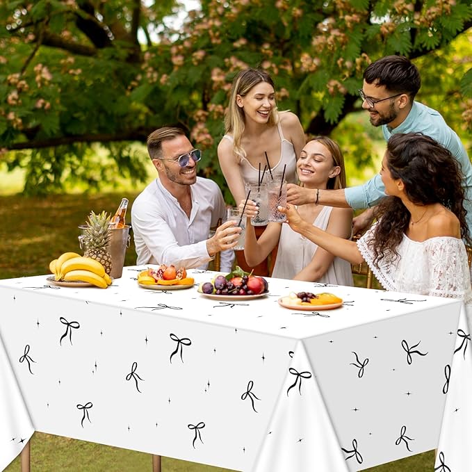 4Pcs Black Bow Birthday Party Decoration Girl Tablecloth Plastic Black White Bow Table Cloth Waterproof Rectangle Tablecover for Women Baby Shower Bachelorette Engagement Supplies 108x54in