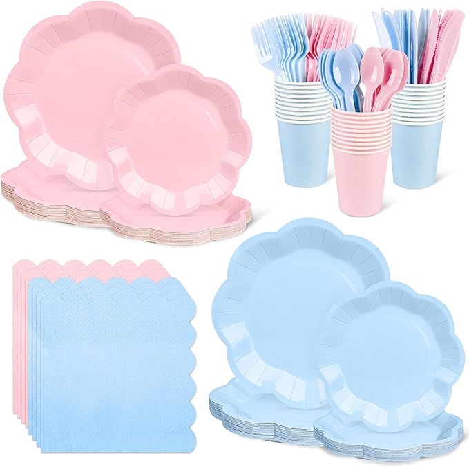 400 Pcs Gender Reveal Plates and Napkins set - Serve 50, Boy or Girl Gender Reveal Party Supplies Includes Pink and Blue Scalloped Plates Napkins Cups Plastic Spoons Forks Knives for Baby Shower