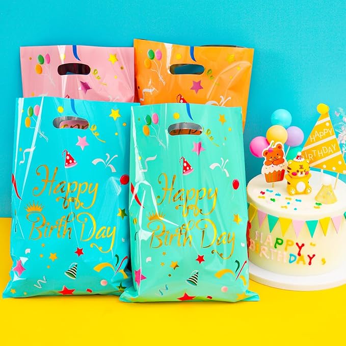 HABILE Large Plastic Aluminum Foil Gift Bags Bulk Kids Boys Girls Birthday Party Gift Bags with Handles (36 Pack)