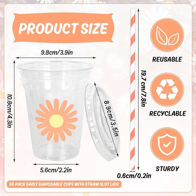 Whaline 60Pcs Daisy Disposable Plastic Cups with Lids and Straws White Pink Orange Daisy Flower Cold Beverage Drinking Cups for Wedding Birthday Baby Shower