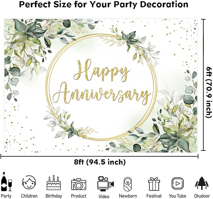 Sensfun 8x6ft Happy Anniversary Backdrop Sage Green Eucalyptus Wedding Anniversary Party Decorations Greenery Marriage Memorial Day Cheers to 10 Years 25th 40th 50th Wedding Day Banner