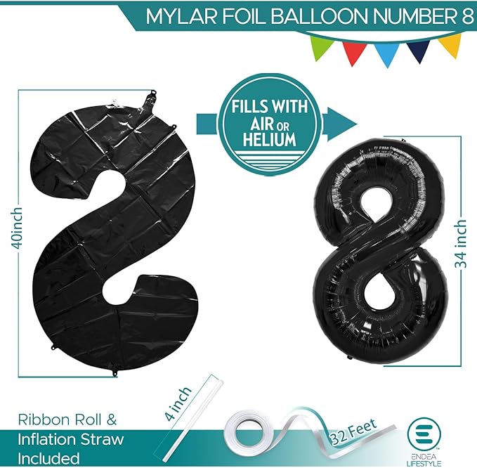 40 Inch Large Black Number Celebration and Decoration Balloon for Birthday Parties, Graduations, Anniversaries, Weddings, Photo Shoots, Special Events - Helium Foil Mylar (Black Number 8)