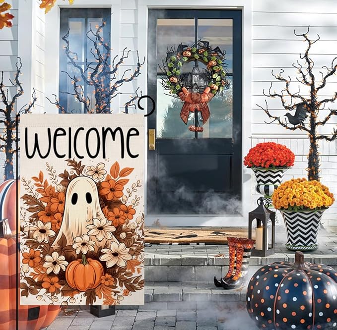 BLKWHT Halloween Ghost Garden Flag 12x18 Vertical Double Sided Spooky Pumpkin Fall Holiday Outside Decorations Burlap Yard Flag BW707