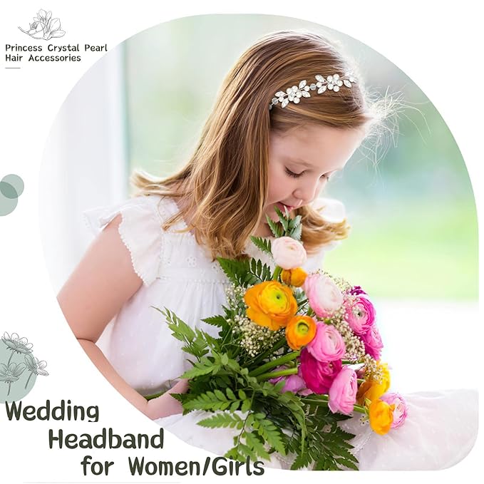 Flower Girl Headpiece, Flower Girl Hair Accessory, Silver Wedding Headband for Girls, Princess Crystal Pearl Hair Accessories for Birthday, Party, First Communion,Wedding