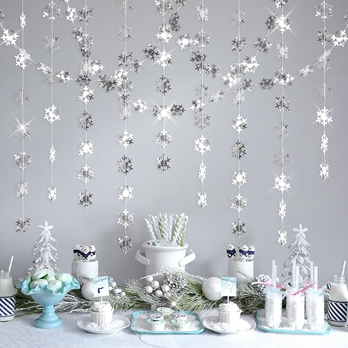 GCQQ Snowflake Garlands - 52Ft Silver Christmas Snowflake Hanging Garland 2" Winter Wonderland Paper Garland for Classroom Wall Office New Year Xmas Tree Frozen Christmas Birthday Party Decoration