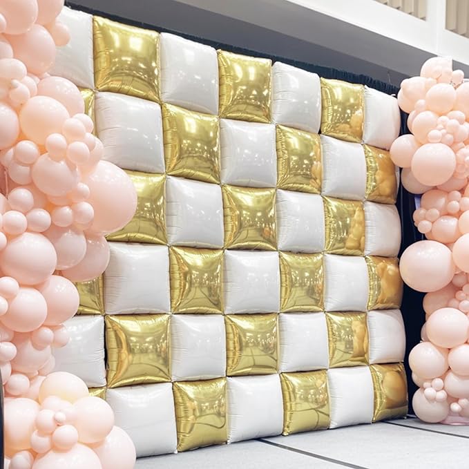 White Gold Square Foil Balloons, 25PCS Double Sided Cream Metallic Gold Square Balloons Backdrop Wall Beige Gold Elegant Balloon Background Decorations for Boho Birthday Wedding Engagement Baby Shower
