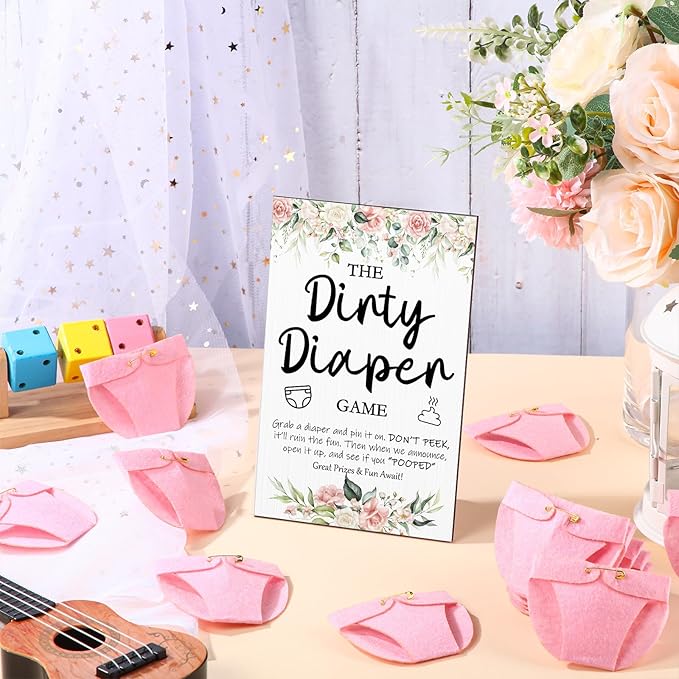 Roowest 51 Pcs Dirty Diaper Baby Shower Games Funny Wooden Sign with 50 Pcs Mini Diapers Cute Felt for Gender Reveal Party Baby Shower(Pink Flower)