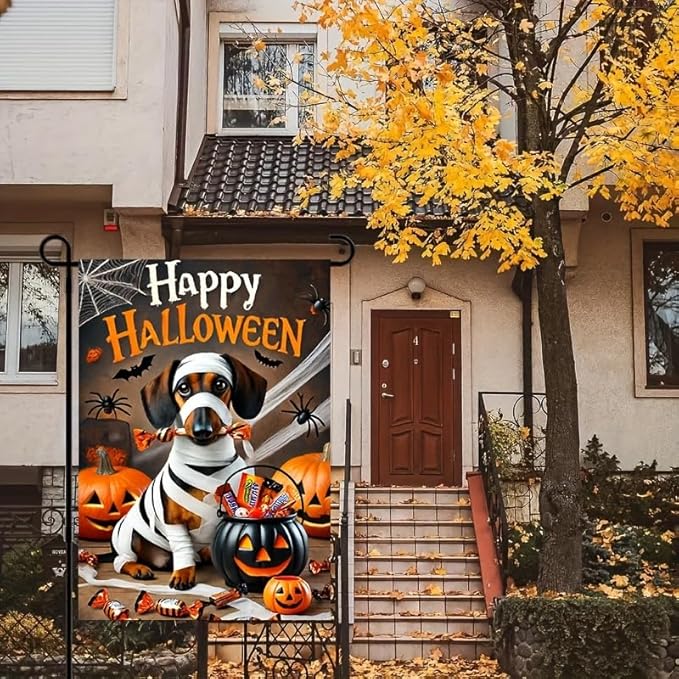 Halloween Garden Flag Mummy Dog Pumpkin Candy Bucket 12x18 Inch Double SidedOutdoor Yard Banner for Trick or Treat Haunted House Spooky Small Holiday Decoration Decor