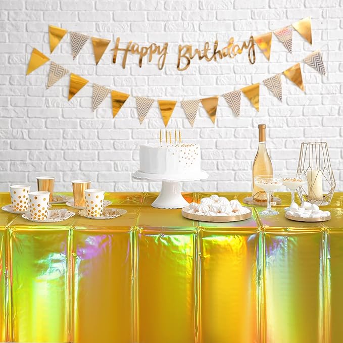4 Pack Gold Iridescent Plastic Tablecloths Shiny Disposable Laser Rectangle Table Covers Holographic Foil Tablecloth Iridescent Party Decorations Birthday Bridal Wedding Christmas, 54 x 108 Inch