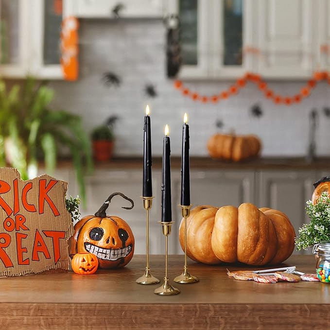 Black Flameless Taper Candles with Remote and Timer - 9.65 Inch Real Wax LED Candlesticks - Wax Drip Battery Operated Halloween Taper Candles with 3D Flickering Flame Halloween Decor, 6 Pack