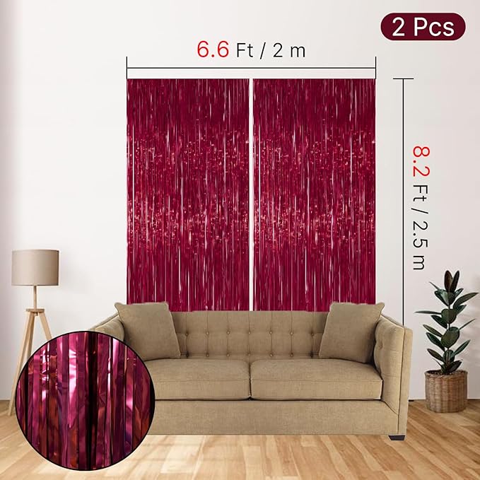PartyWoo Foil Fringe Curtains, 2 pcs 3.3x6.6 ft Burgundy Red Streamers, Fringe Backdrop, Party Backdrop Curtain, Tinsel Curtains, Door Shimmer, Streamers Party Decorations for Birthday, Christmas