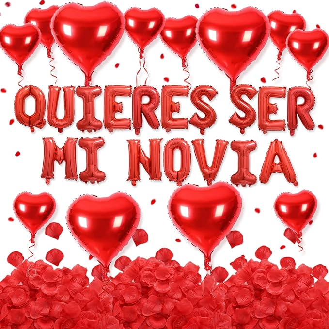 2 Set 16 Inch QUIERES SER MI NOVIA Balloons, Red Will You Be My Girlfriend Letter Balloons Spanish with 200pcs Artificial Rose Petals for Valentines Anniversary Day Banner Decorations