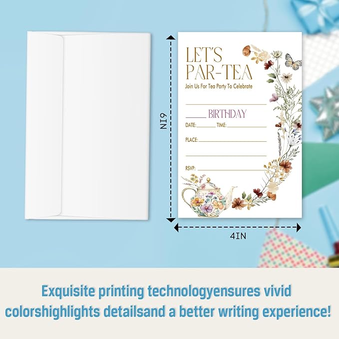 Let's Par-Tea Birthday Invitations, 25 Floral Tea Party Invites Cards with Envelopes, Double-Sided Fillable, Birthday Invitations for Teens Adults, Birthday Party Supplies (4 x 6 Inch) -A18