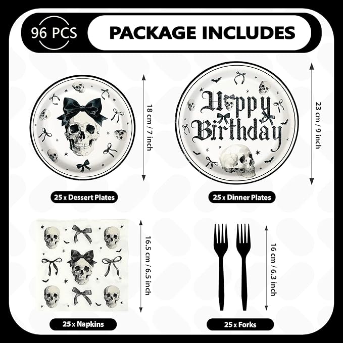 Grencian 96Pcs Gothic Birthday Party Supplies Goth Skeleton Birthday Paper Plates and Napkins Tableware Sets Black Bow Skull Decorations Favors for Kids Girls Halloween Horror Bday Party Serves 24