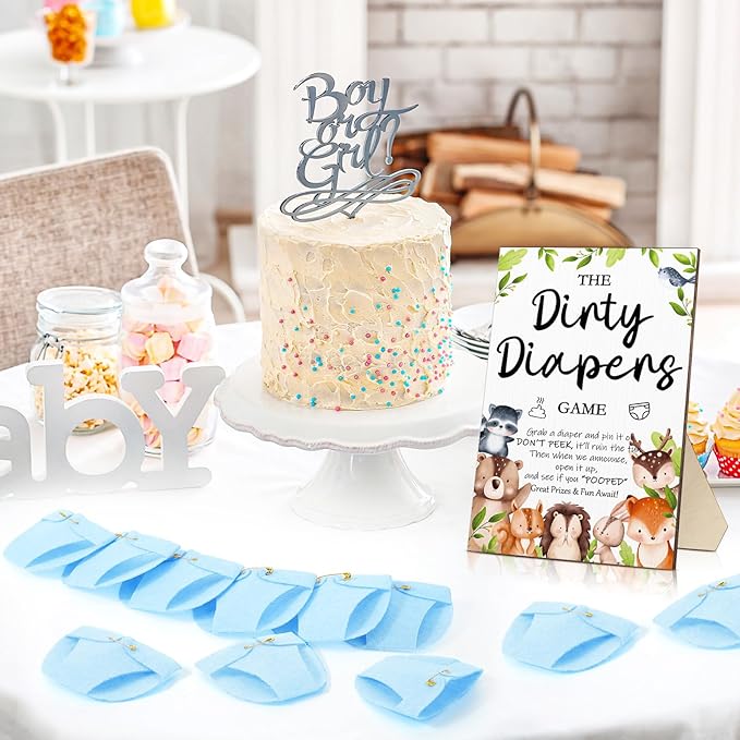 Roowest 51 Pcs Dirty Diaper Baby Shower Games Funny Wooden Sign with 50 Pcs Mini Diapers Cute Felt for Gender Reveal Party Baby Shower(Woodland Animals)