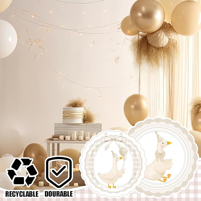 Zhehao 350 Pcs One Silly Goose Birthday Party Tableware Set Beige Scalloped Baby Shower Plates Cup Napkins Forks for Birthday Party Decorations Supplies for 50 Guests