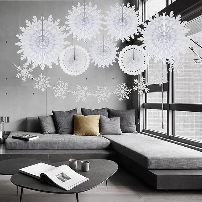 Snowflake Snow White-Silver Christmas-Frozen Party-Decorations - 9pcs Winter Girl Birthday New Year Paper Fan Banner Stareamers, Wonderland Party Supplies Decor Lasting Surprise
