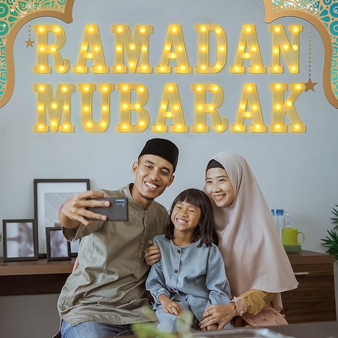 14 Pcs Ramadan Mubarak Large LED Letter Sign Powered Battery Light Hanging Decor for Party Decorations Indoor Outdoor