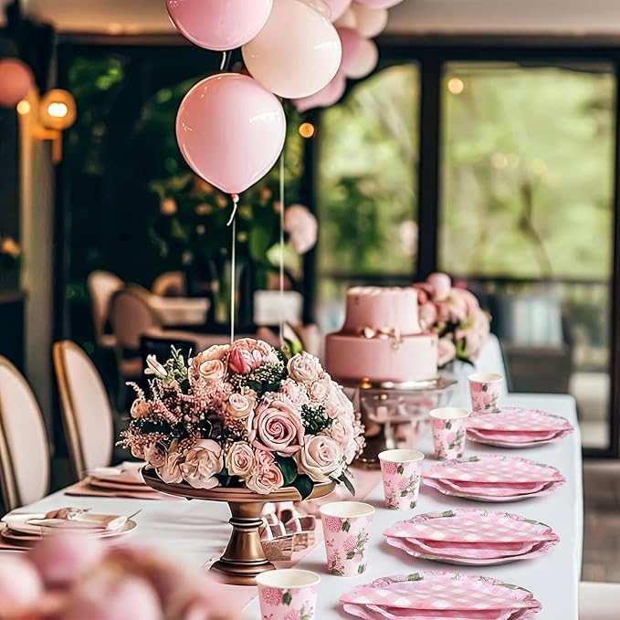 Pickmesh 250 Pcs Pink Hydrangea Party Supplies Pink Floral Gingham Checkered Paper Plates Napkins and Cups Hydrangea Disposable Tableware Set for Summer Wedding Birthday Tea Party Decorations Serve 50